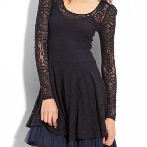 Free People Victorian Loves Black Lace Linen‎ Blend Mesh Lined Skater Dress Sz